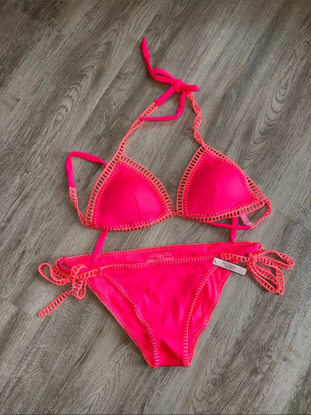 Victoria's Secret Neon Pink Crochet-Trim Triangle Bikini
